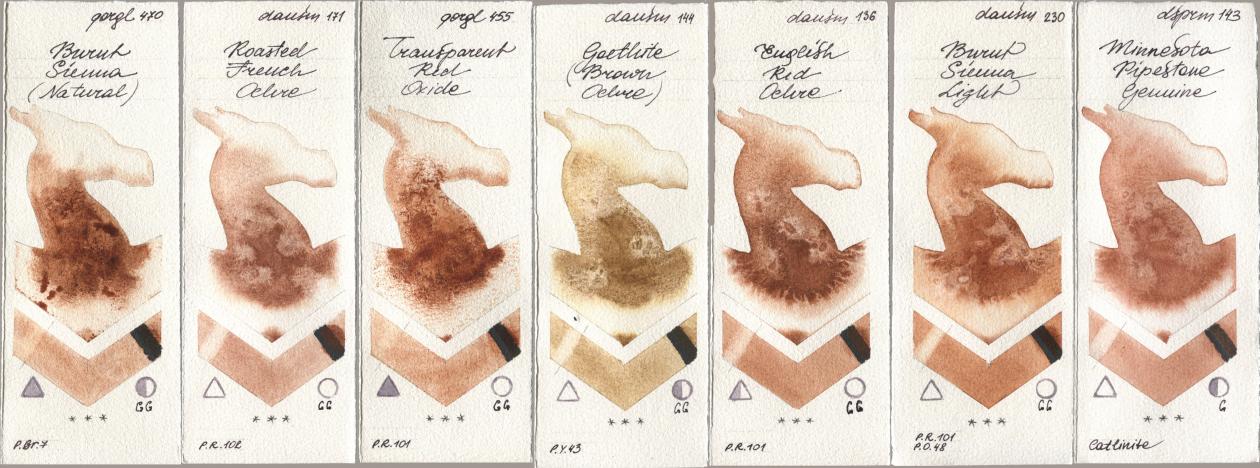 Golden QOR 470 Burnt Sienna (Natural), Daniel Smith 171 Roasted French Ochre, 455 Transparent Red Oxide, 144 Goethite (Brown Ochre), 136 English Red Ochre, 230 Burnt Sienna Light, 143 Minnesota Pipestone Genui watercolor swatch