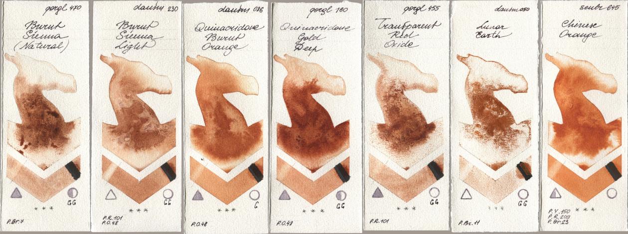 Golden QOR 470 Burnt Sienna (Natural), Daniel Smith 230 Burnt Sienna Light, 086 Quinacridone Burnt Orange, 160 Quinacridone Gold Deep, 455 Transparent Red Oxide, 050 Lunar Earth, Sennelier l Aquarelle 645 Chinese Oran watercolor swatch