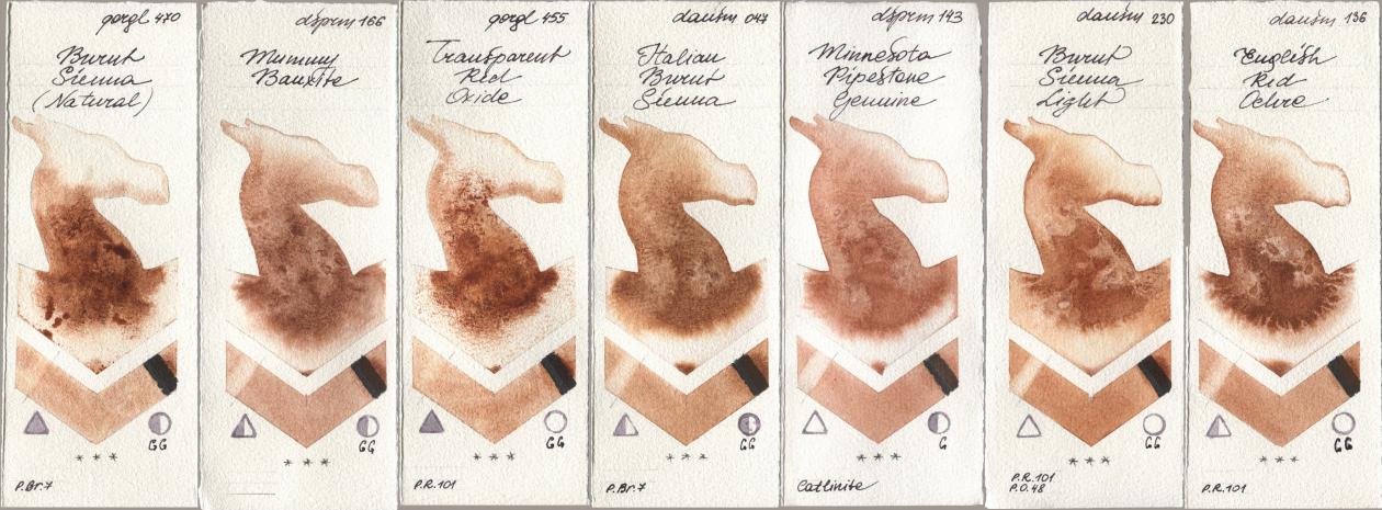 Golden QOR 470 Burnt Sienna (Natural), Daniel Smith 166 Mummy Bauxite, 455 Transparent Red Oxide, 047 Italian Burnt Sienna, 143 Minnesota Pipestone Genuine, 230 Burnt Sienna Light, 136 English Red Och watercolor swatch