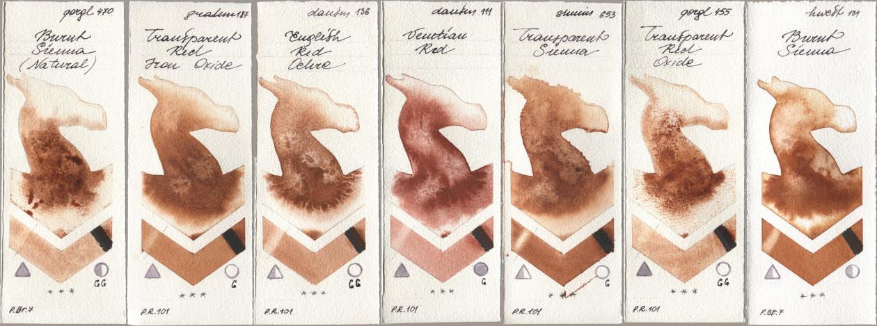 Golden QOR 470 Burnt Sienna (Natural), M. Graham & Co. Artists 187 Transparent Red Iron Oxide, Daniel Smith 136 English Red Ochre, 111 Venetian Red, Shminke Horadam Aquarell 653 Transparent Sienna, 455 Transparent Red Oxide, Holbein Artists Watercolor 134 Burnt Sien watercolor swatch