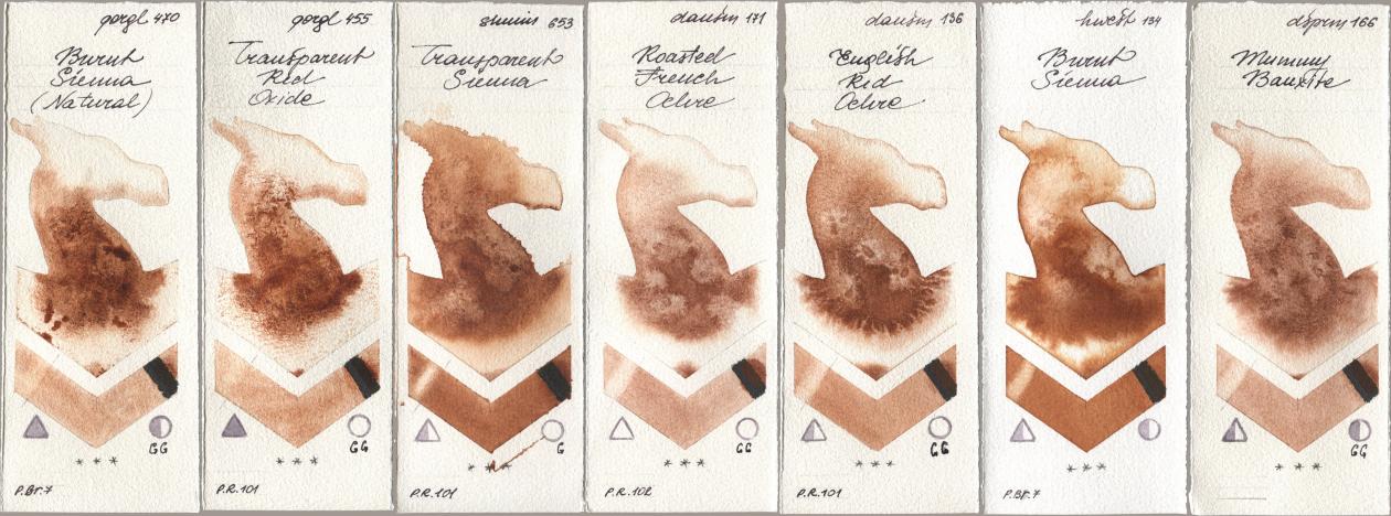 Golden QOR 470 Burnt Sienna (Natural), 455 Transparent Red Oxide, Shminke Horadam Aquarell 653 Transparent Sienna, Daniel Smith 171 Roasted French Ochre, 136 English Red Ochre, Holbein Artists Watercolor 134 Burnt Sienna, 166 Mummy Bauxi watercolor swatch
