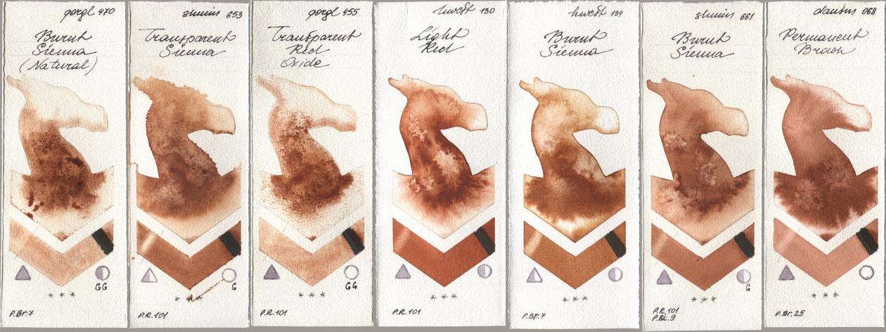 Golden QOR 470 Burnt Sienna (Natural), Shminke Horadam Aquarell 653 Transparent Sienna, 455 Transparent Red Oxide, Holbein Artists Watercolor 130 Light Red, 134 Burnt Sienna, 661 Burnt Sienna, Daniel Smith 068 Permanent Bro watercolor swatch