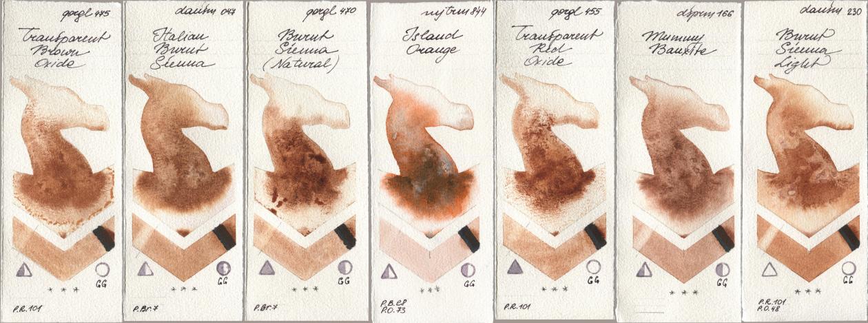 Golden QOR 475 Transparent Brown Oxide, Daniel Smith 047 Italian Burnt Sienna, 470 Burnt Sienna (Natural), Mijello Mission Gold 844 Island Orange, 455 Transparent Red Oxide, 166 Mummy Bauxite, 230 Burnt Sienna Lig watercolor swatch
