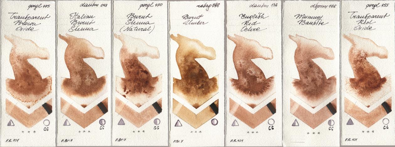 Golden QOR 475 Transparent Brown Oxide, Daniel Smith 047 Italian Burnt Sienna, 470 Burnt Sienna (Natural), Rosa Gallery 746 Burnt Umber, 136 English Red Ochre, 166 Mummy Bauxite, 455 Transparent Red Oxi watercolor swatch