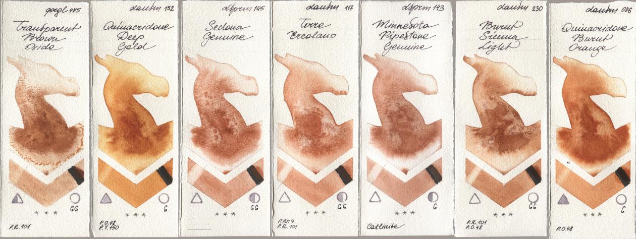 Golden QOR 475 Transparent Brown Oxide, Daniel Smith 152 Quinacridone Deep Gold, 145 Sedona Genuine, 117 Terre Ercolano, 143 Minnesota Pipestone Genuine, 230 Burnt Sienna Light, 086 Quinacridone Burnt Oran watercolor swatch