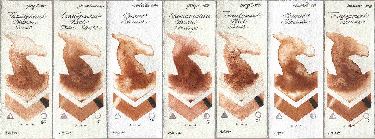 Golden QOR 475 Transparent Brown Oxide, M. Graham & Co. Artists 187 Transparent Red Iron Oxide, Winsor & Newton Professional 074 Burnt Sienna, 165 Quinacridone Burnt Orange, 455 Transparent Red Oxide, Holbein Artists Watercolor 134 Burnt Sienna, Shminke Horadam Aquarell 653 Transparent Sien watercolor swatch