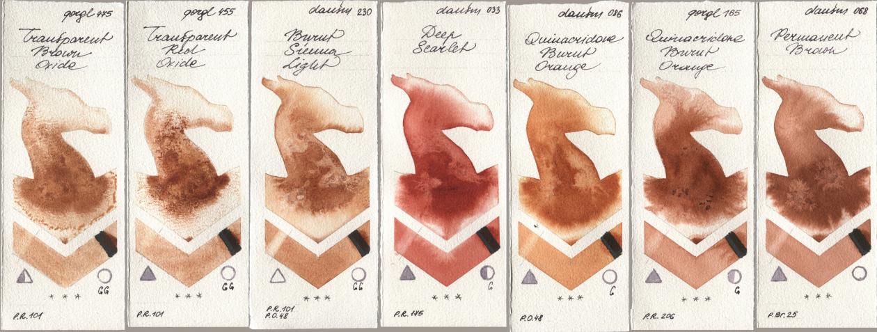 Golden QOR 475 Transparent Brown Oxide, 455 Transparent Red Oxide, Daniel Smith 230 Burnt Sienna Light, 033 Deep Scarlet, 086 Quinacridone Burnt Orange, 165 Quinacridone Burnt Orange, 068 Permanent Bro watercolor swatch
