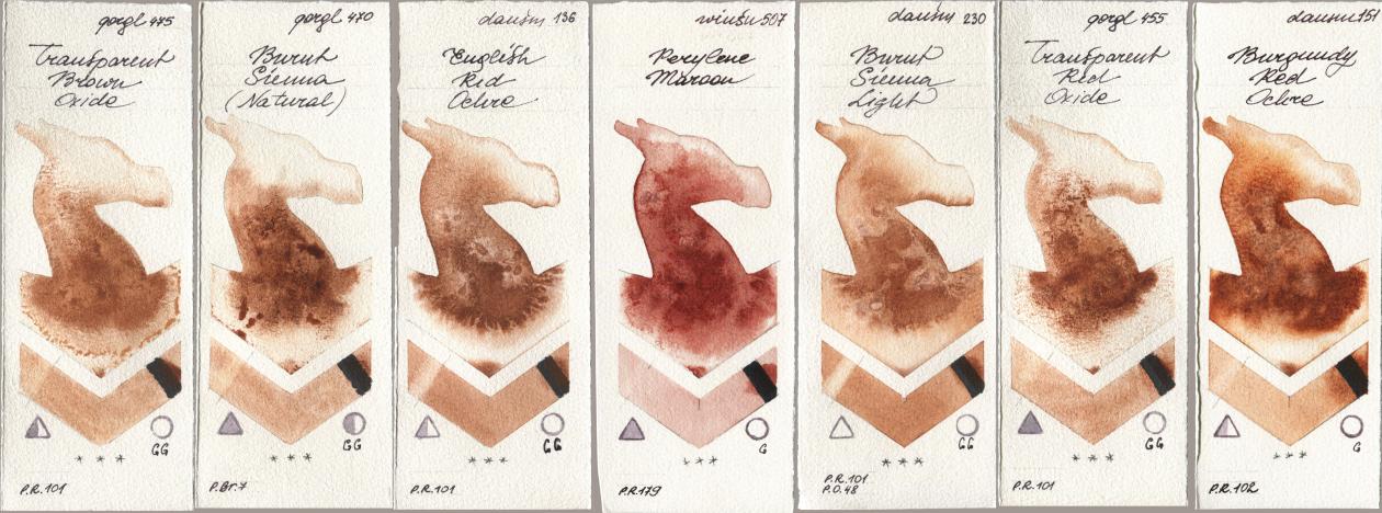 Golden QOR 475 Transparent Brown Oxide, 470 Burnt Sienna (Natural), Daniel Smith 136 English Red Ochre, Winsor & Newton Professional 507 Perylene Maroon, 230 Burnt Sienna Light, 455 Transparent Red Oxide, 151 Burgundy Red Och watercolor swatch