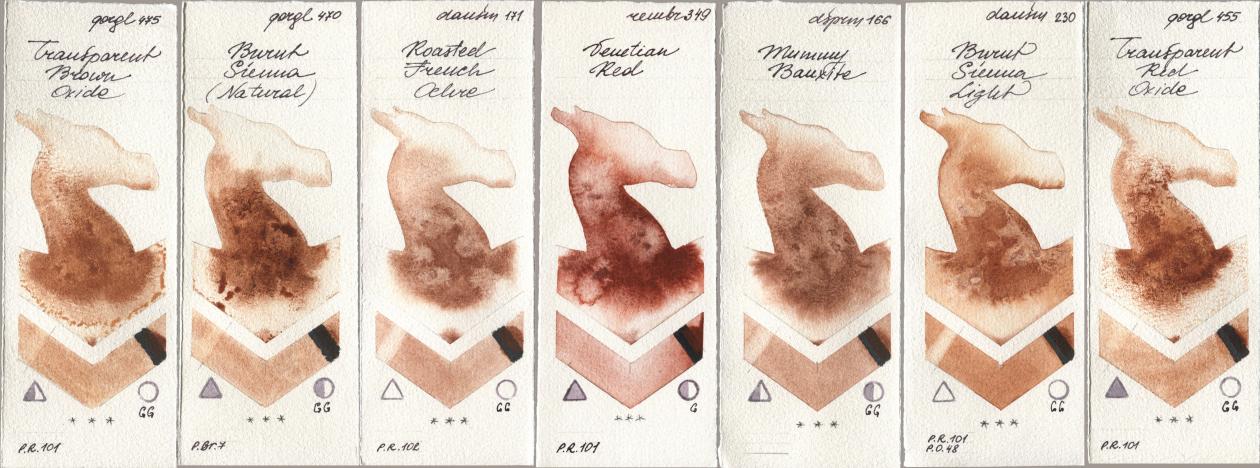 Golden QOR 475 Transparent Brown Oxide, 470 Burnt Sienna (Natural), Daniel Smith 171 Roasted French Ochre, Royal Talens Rembrandt Watercolour 349 Venerian Red, 166 Mummy Bauxite, 230 Burnt Sienna Light, 455 Transparent Red Oxi watercolor swatch