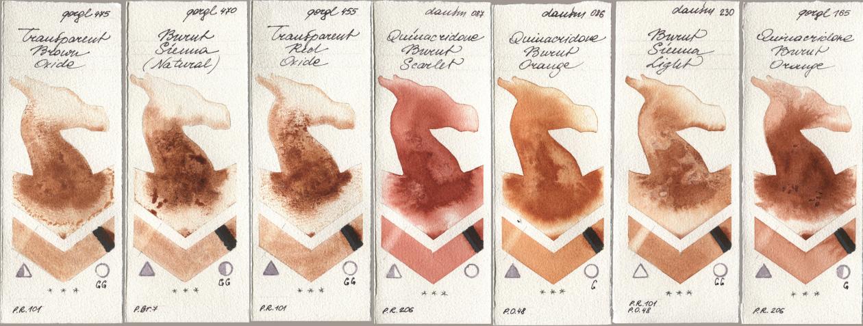 Golden QOR 475 Transparent Brown Oxide, 470 Burnt Sienna (Natural), 455 Transparent Red Oxide, Daniel Smith 087 Quinacridone Burnt Scarlet, 086 Quinacridone Burnt Orange, 230 Burnt Sienna Light, 165 Quinacridone Burnt Oran watercolor swatch