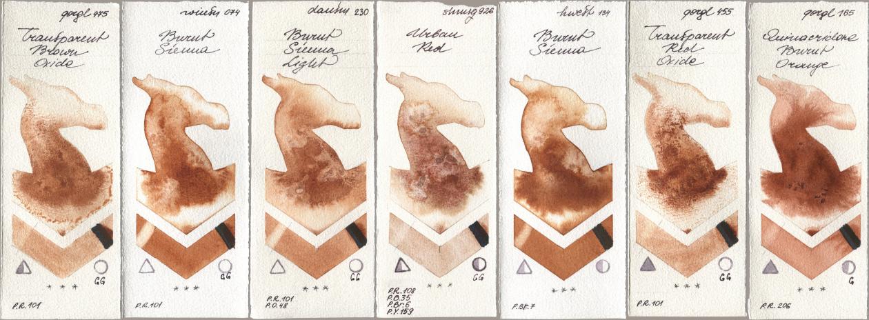 Golden QOR 475 Transparent Brown Oxide, Winsor & Newton Professional 074 Burnt Sienna, Daniel Smith 230 Burnt Sienna Light, Shminke Horadam Aquarell 926 Urban Red, Holbein Artists Watercolor 134 Burnt Sienna, 455 Transparent Red Oxide, 165 Quinacridone Burnt Oran watercolor swatch