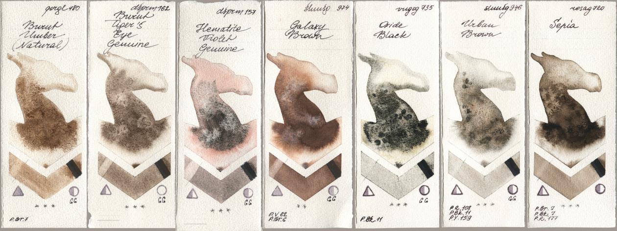 Golden QOR 480 Burnt Umber (Natural), Daniel Smith 162 Burnt Tigers Eye Genuine, 157 Hematite Violet Genuine, Shminke Horadam Aquarell 974 Galaxy Brown, Royal Talens Van Gogh Watercolour 735 Oxide Black, 946 Urban Brown, Rosa Gallery 720 Sep watercolor swatch