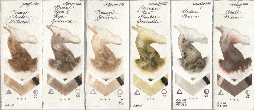 Golden QOR 480 Burnt Umber (Natural), Daniel Smith 162 Burnt Tigers Eye Genuine, 199 Bronzite Genuine, Roman Szmal Aquarius 125 German Raw Umber Greenish, Shminke Horadam Aquarell 946 Urban Brown, Rosa Gallery 784 Cobalt Bro watercolor swatch