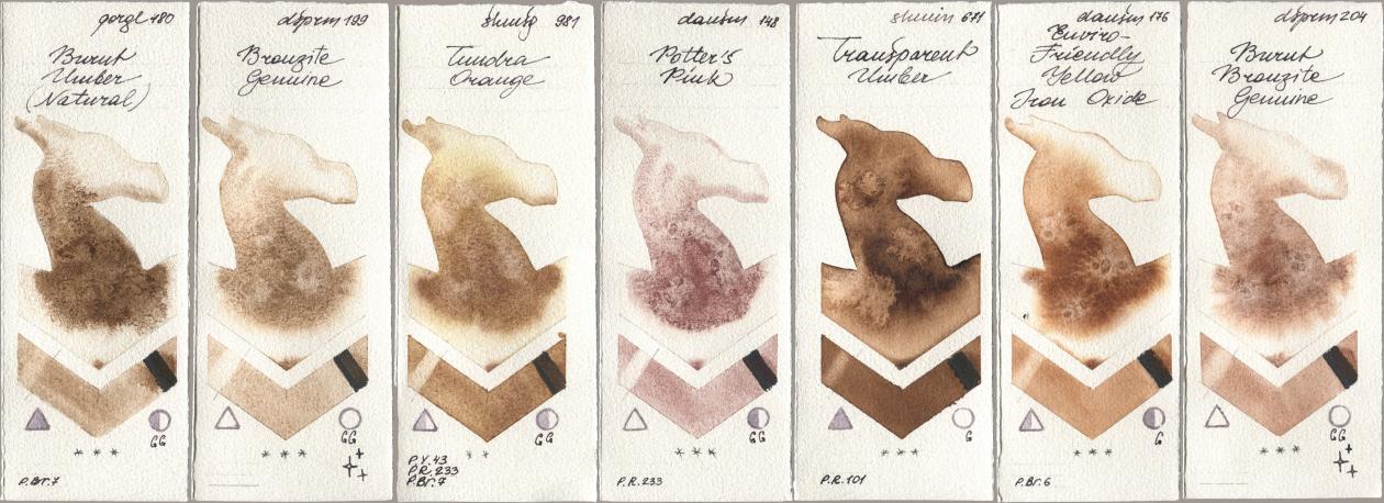 Golden QOR 480 Burnt Umber (Natural), Daniel Smith 199 Bronzite Genuine, Shminke Horadam Aquarell 981 Tundra Orange, 148 Potters Pink, 671 Transparent Umber, 176 Enviro-Friendly Yellow Iron Oxide, 204 Burnt Bronzite Genui watercolor swatch
