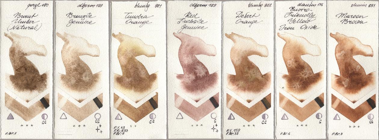 Golden QOR 480 Burnt Umber (Natural), Daniel Smith 199 Bronzite Genuine, Shminke Horadam Aquarell 981 Tundra Orange, 189 Red Fuchsite Genuine, 922 Desert Orange, 176 Enviro-Friendly Yellow Iron Oxide, 651 Maroon Bro watercolor swatch