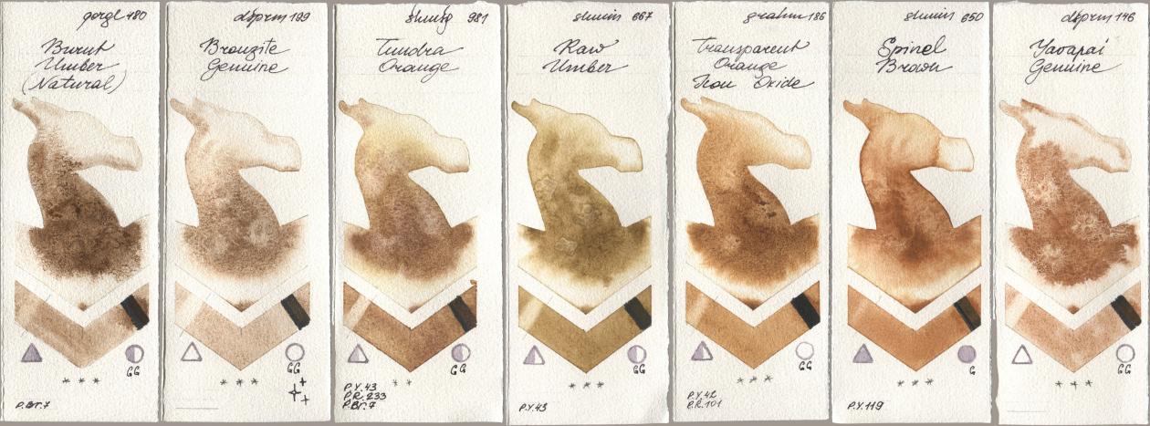 Golden QOR 480 Burnt Umber (Natural), Daniel Smith 199 Bronzite Genuine, Shminke Horadam Aquarell 981 Tundra Orange, 667 Raw Umber, M. Graham & Co. Artists 186 Transparent Orange Iron Oxide, 650 Spinel Brown, 146 Yavapai Genui watercolor swatch