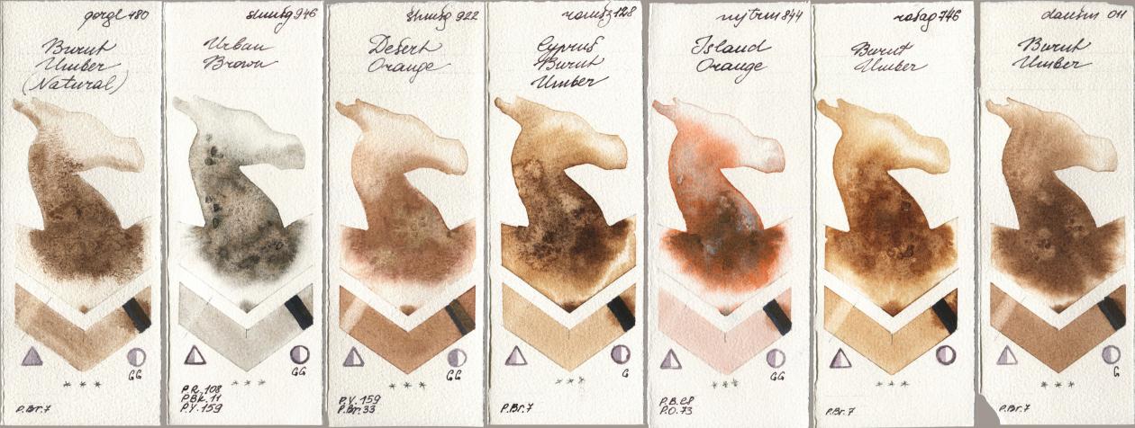 Golden QOR 480 Burnt Umber (Natural), Shminke Horadam Aquarell 946 Urban Brown, 922 Desert Orange, Roman Szmal Aquarius 128 Cyprus Burnt Umber, Mijello Mission Gold 844 Island Orange, Rosa Gallery 746 Burnt Umber, Daniel Smith 011 Burnt Umb watercolor swatch