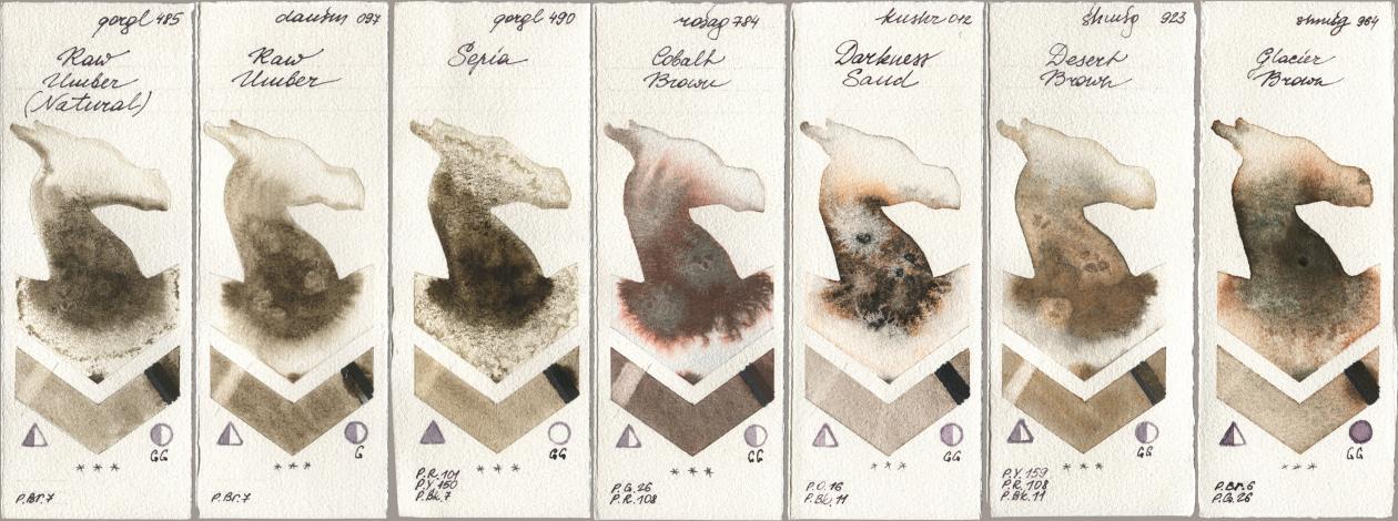 Golden QOR 485 Raw Umber (Natural), Daniel Smith 097 Raw Umber, 490 Sepia, Rosa Gallery 784 Cobalt Brown, Kusakabe 012 Darkness Sand, Shminke Horadam Aquarell 923 Desert Brown, 964 Glacier Bro watercolor swatch