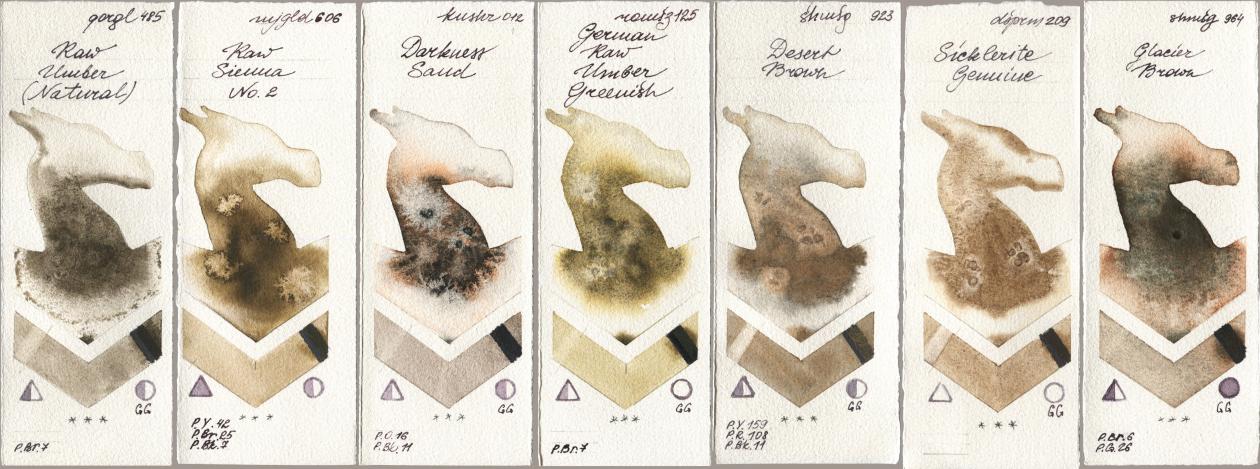 Golden QOR 485 Raw Umber (Natural), Mijello Mission Gold 606 Raw Sienna No 2, Kusakabe 012 Darkness Sand, Roman Szmal Aquarius 125 German Raw Umber Greenish, Shminke Horadam Aquarell 923 Desert Brown, Daniel Smith 209 Sicklerite Genuine, 964 Glacier Bro watercolor swatch