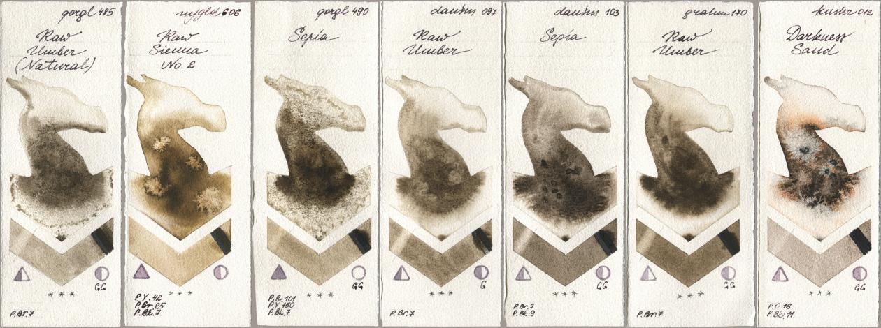 Golden QOR 485 Raw Umber (Natural), Mijello Mission Gold 606 Raw Sienna No 2, 490 Sepia, Daniel Smith 097 Raw Umber, 103 Sepia, M. Graham & Co. Artists 170 Raw Umber, Kusakabe 012 Darkness Sa watercolor swatch