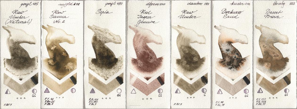 Golden QOR 485 Raw Umber (Natural), Mijello Mission Gold 606 Raw Sienna No 2, 490 Sepia, Daniel Smith 240 Red Jasper Genuine, 097 Raw Umber, Kusakabe 012 Darkness Sand, Shminke Horadam Aquarell 923 Desert Bro watercolor swatch