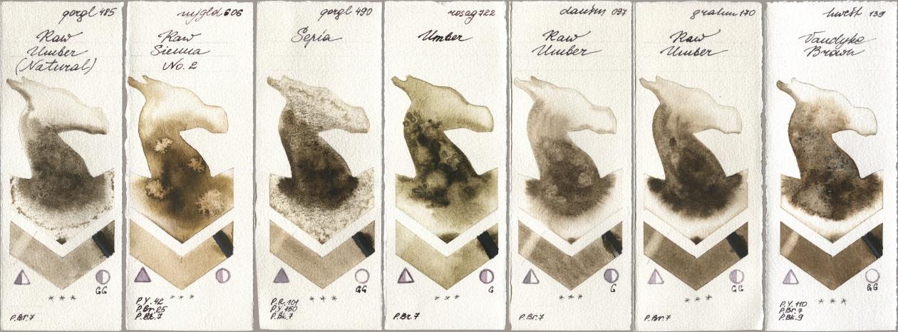 Golden QOR 485 Raw Umber (Natural), Mijello Mission Gold 606 Raw Sienna No 2, 490 Sepia, Rosa Gallery 722 Umber, Daniel Smith 097 Raw Umber, M. Graham & Co. Artists 170 Raw Umber, Holbein Artists Watercolor 139 Vandyke Bro watercolor swatch