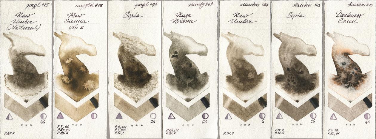 Golden QOR 485 Raw Umber (Natural), Mijello Mission Gold 606 Raw Sienna No 2, 490 Sepia, Shminke Horadam Aquarell 969 Haze Brown, Daniel Smith 097 Raw Umber, 103 Sepia, Kusakabe 012 Darkness Sa watercolor swatch
