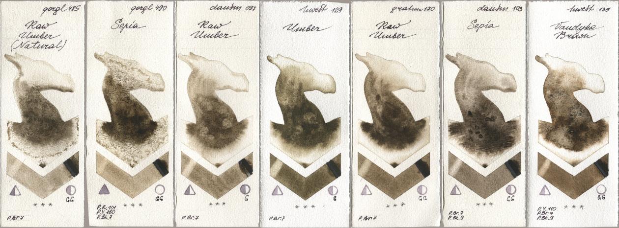 Golden QOR 485 Raw Umber (Natural), 490 Sepia, Daniel Smith 097 Raw Umber, Holbein Artists Watercolor 129 Umber, M. Graham & Co. Artists 170 Raw Umber, 103 Sepia, 139 Vandyke Bro watercolor swatch