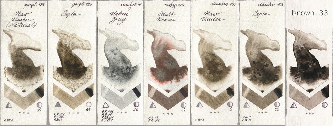Golden QOR 485 Raw Umber (Natural), 490 Sepia, Shminke Horadam Aquarell 956 Urban Grey, Rosa Gallery 784 Cobalt Brown, Daniel Smith 097 Raw Umber, 103 Sepia, my 033 brown watercolor swatch