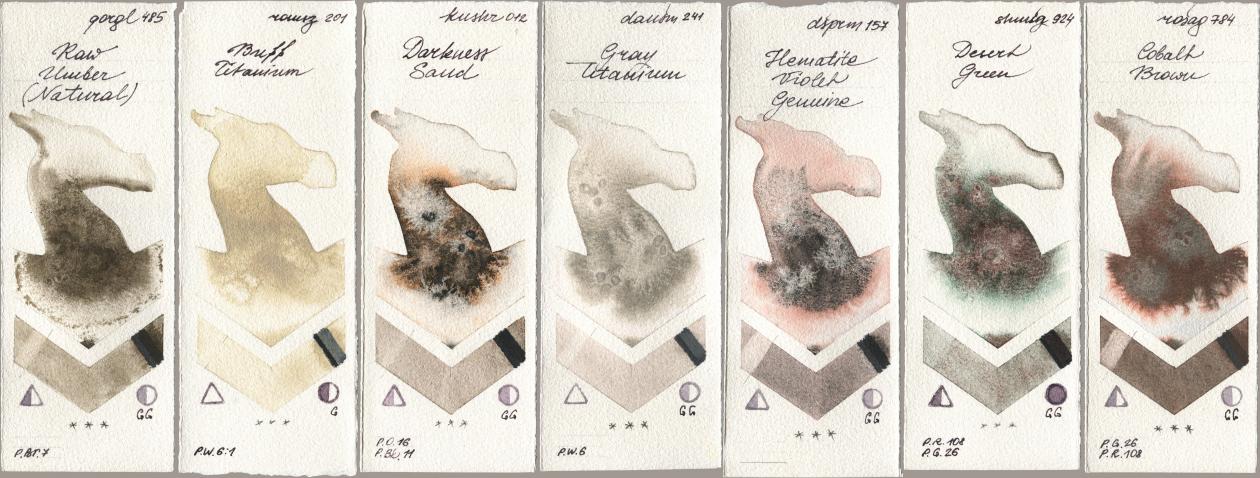 Golden QOR 485 Raw Umber (Natural), Roman Szmal Aquarius 201 Buff Titanium, Kusakabe 012 Darkness Sand, Daniel Smith 241 Gray Titanium, 157 Hematite Violet Genuine, Shminke Horadam Aquarell 924 Desert Green, Rosa Gallery 784 Cobalt Bro watercolor swatch