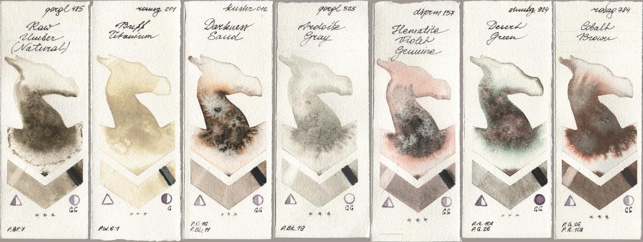 Golden QOR 485 Raw Umber (Natural), Roman Szmal Aquarius 201 Buff Titanium, Kusakabe 012 Darkness Sand, 525 Ardoise Gray, Daniel Smith 157 Hematite Violet Genuine, Shminke Horadam Aquarell 924 Desert Green, Rosa Gallery 784 Cobalt Bro watercolor swatch