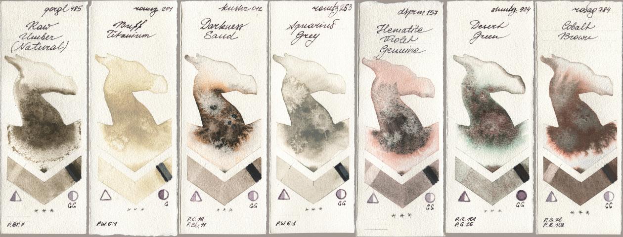 Golden QOR 485 Raw Umber (Natural), Roman Szmal Aquarius 201 Buff Titanium, Kusakabe 012 Darkness Sand, 253 Aquarius Grey, Daniel Smith 157 Hematite Violet Genuine, Shminke Horadam Aquarell 924 Desert Green, Rosa Gallery 784 Cobalt Bro watercolor swatch