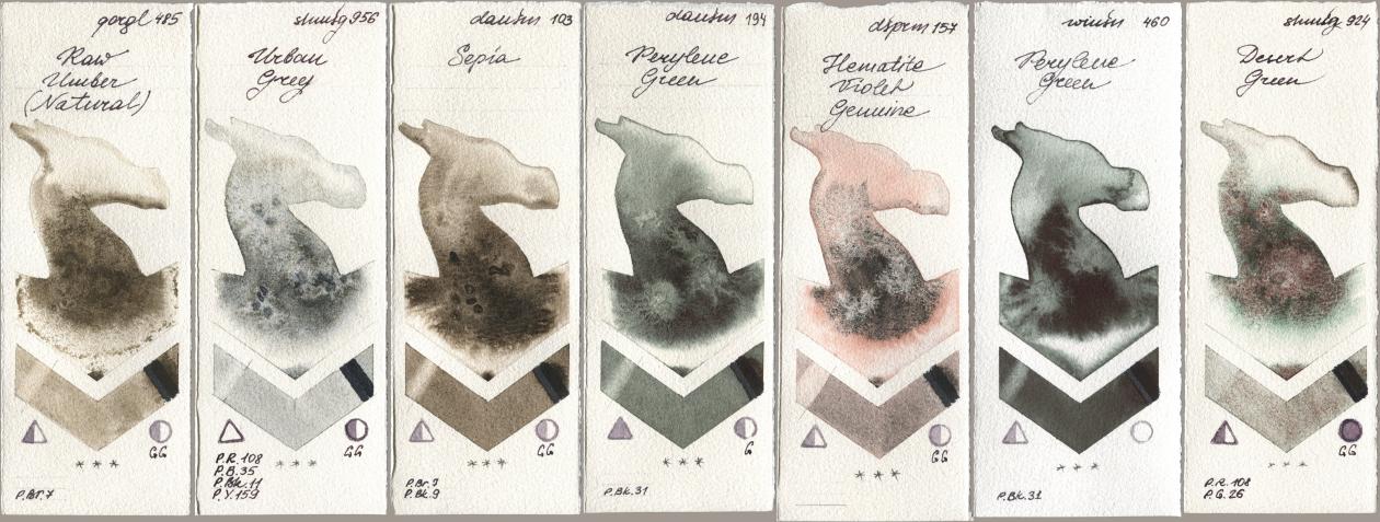 Golden QOR 485 Raw Umber (Natural), Shminke Horadam Aquarell 956 Urban Grey, Daniel Smith 103 Sepia, 194 Perylene Green, 157 Hematite Violet Genuine, Winsor & Newton Professional 460 Perylene Green, 924 Desert Gre watercolor swatch