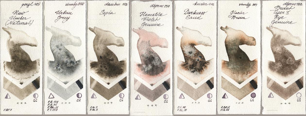 Golden QOR 485 Raw Umber (Natural), Shminke Horadam Aquarell 956 Urban Grey, Daniel Smith 103 Sepia, 157 Hematite Violet Genuine, Kusakabe 012 Darkness Sand, 964 Glacier Brown, 162 Burnt Tigers Eye Genui watercolor swatch