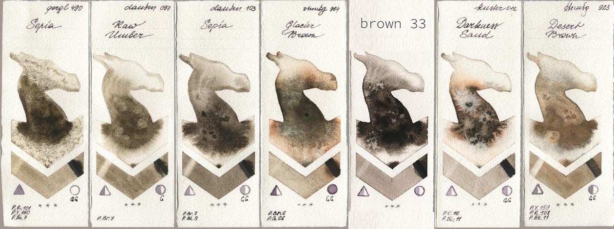 Golden QOR 490 Sepia, Daniel Smith 097 Raw Umber, 103 Sepia, Shminke Horadam Aquarell 964 Glacier Brown, my 033 brown33, Kusakabe 012 Darkness Sand, 923 Desert Bro watercolor swatch