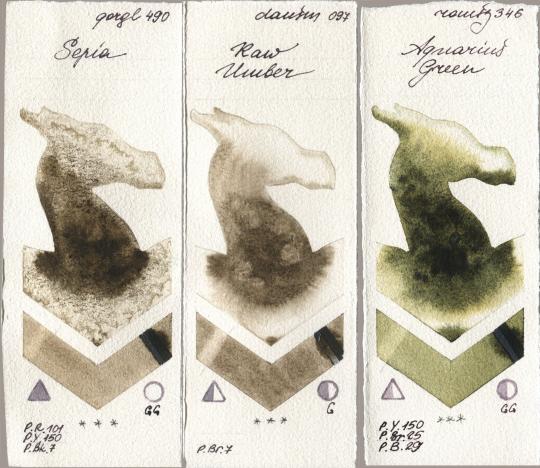 Golden QOR 490 Sepia, Daniel Smith 097 Raw Umber, Roman Szmal Aquarius 346 Aquarius Gre watercolor swatch