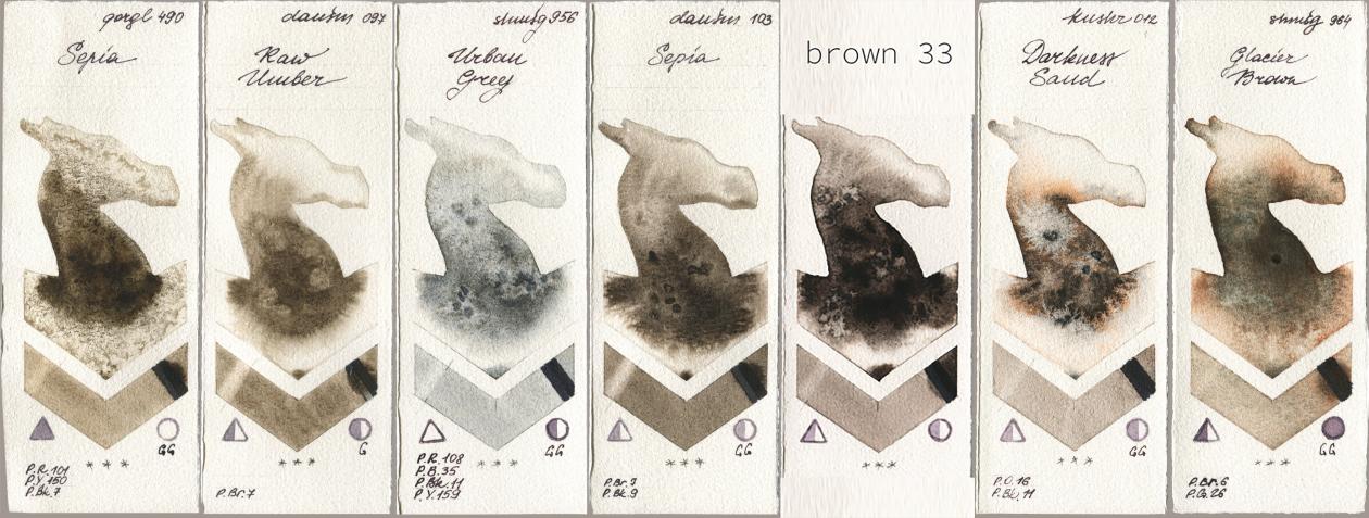Golden QOR 490 Sepia, Daniel Smith 097 Raw Umber, Shminke Horadam Aquarell 956 Urban Grey, 103 Sepia, my 033 brown33, Kusakabe 012 Darkness Sand, 964 Glacier Bro watercolor swatch