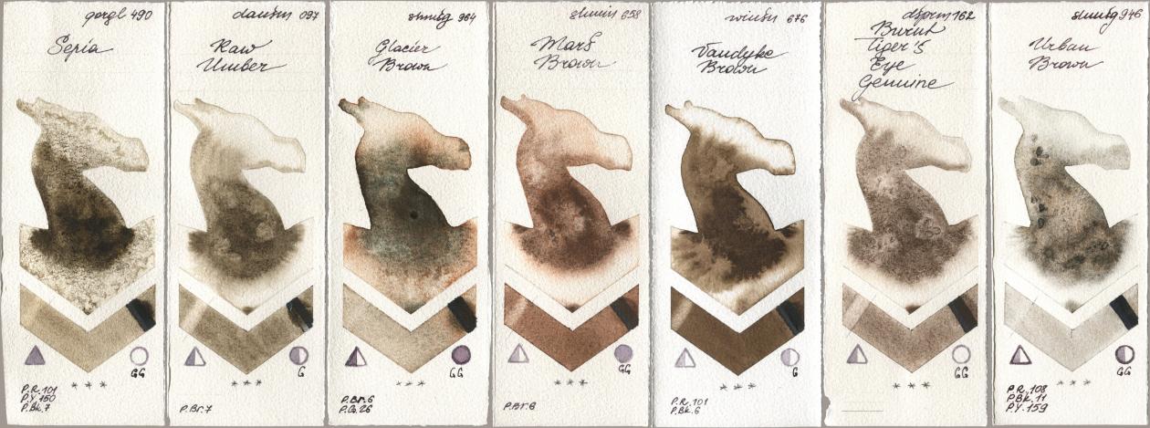 Golden QOR 490 Sepia, Daniel Smith 097 Raw Umber, Shminke Horadam Aquarell 964 Glacier Brown, 658 Mars Brown, Winsor & Newton Professional 676 Vandyke Brown, 162 Burnt Tigers Eye Genuine, 946 Urban Bro watercolor swatch