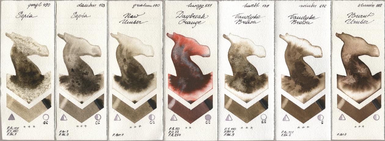 Golden QOR 490 Sepia, Daniel Smith 103 Sepia, M. Graham & Co. Artists 170 Raw Umber, Holbein Artists Watercolor 551 Daybreak Orange, 139 Vandyke Brown, Winsor & Newton Professional 676 Vandyke Brown, Shminke Horadam Aquarell 668 Burnt Umb watercolor swatch