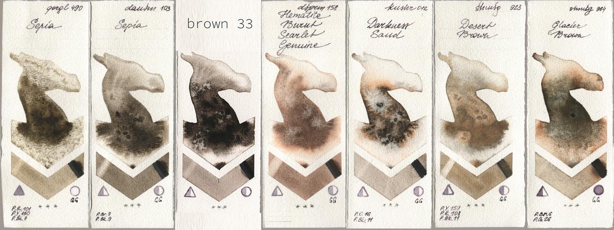 Golden QOR 490 Sepia, Daniel Smith 103 Sepia, my 033 brown33, 158 Hematite Burnt Scarlet Genuine, Kusakabe 012 Darkness Sand, Shminke Horadam Aquarell 923 Desert Brown, 964 Glacier Bro watercolor swatch