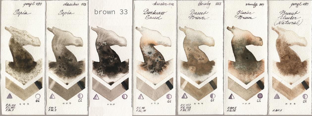Golden QOR 490 Sepia, Daniel Smith 103 Sepia, my 033 brown33, Kusakabe 012 Darkness Sand, Shminke Horadam Aquarell 923 Desert Brown, 964 Glacier Brown, 480 Burnt Umber (Natura watercolor swatch