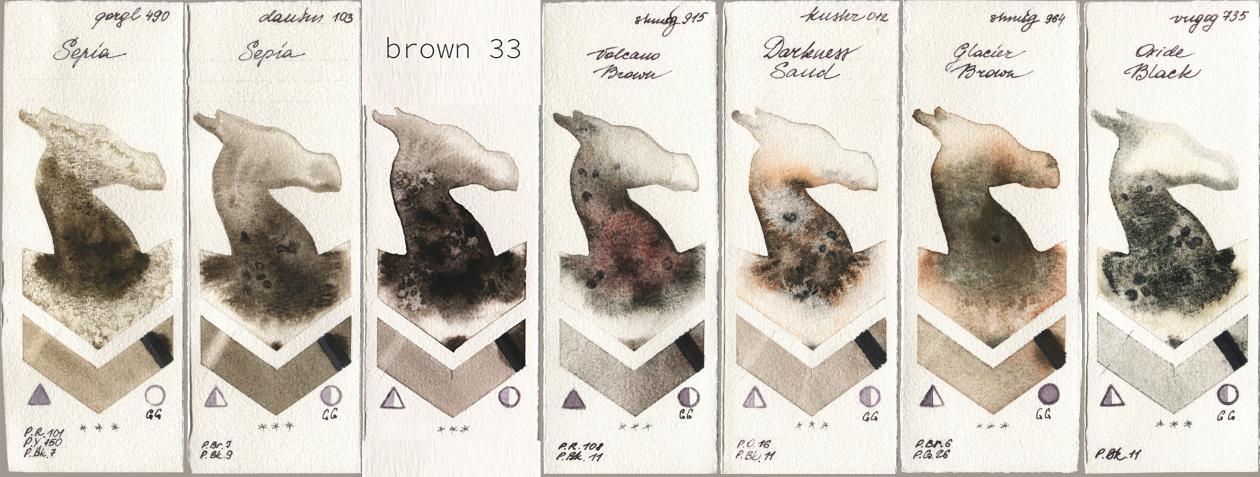 Golden QOR 490 Sepia, Daniel Smith 103 Sepia, my 033 brown33, Shminke Horadam Aquarell 915 Volcano Brown, Kusakabe 012 Darkness Sand, 964 Glacier Brown, Royal Talens Van Gogh Watercolour 735 Oxide Bla watercolor swatch
