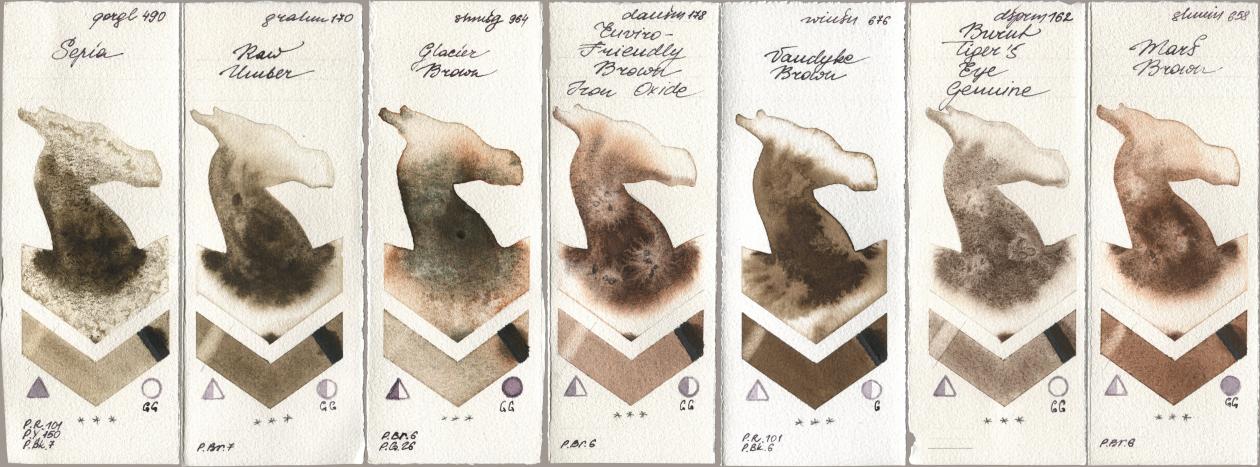 Golden QOR 490 Sepia, M. Graham & Co. Artists 170 Raw Umber, Shminke Horadam Aquarell 964 Glacier Brown, Daniel Smith 178 Enviro-Friendly Brown Iron Oxide, Winsor & Newton Professional 676 Vandyke Brown, 162 Burnt Tigers Eye Genuine, 658 Mars Bro watercolor swatch