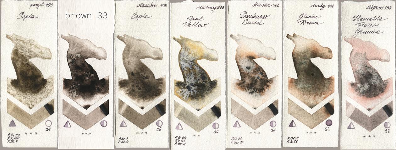 Golden QOR 490 Sepia, my 033 brown33, Daniel Smith 103 Sepia, Rockwell 233 Opal Yellow, Kusakabe 012 Darkness Sand, Shminke Horadam Aquarell 964 Glacier Brown, 157 Hematite Violet Genui watercolor swatch