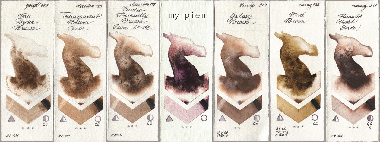 Golden QOR 495 Van Dyke Brown, Daniel Smith 129 Transparent Brown Oxide, 178 Enviro-Friendly Brown Iron Oxide, my 191 piem, Shminke Horadam Aquarell 974 Galaxy Brown, Rosa Gallery 723 Mars Brown, Roman Szmal Aquarius 248 Hematite (Violet Shad watercolor swatch