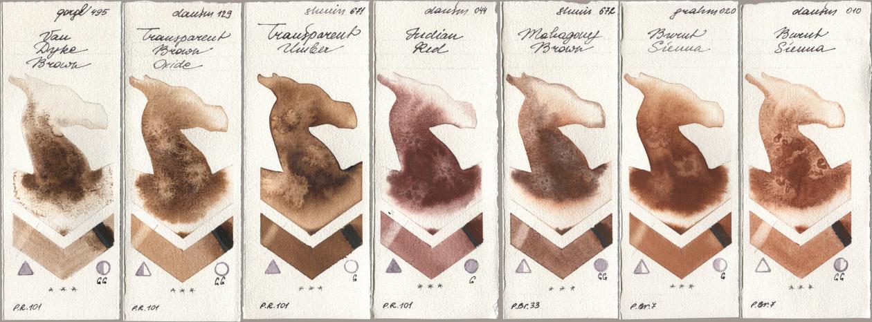 Golden QOR 495 Van Dyke Brown, Daniel Smith 129 Transparent Brown Oxide, Shminke Horadam Aquarell 671 Transparent Umber, 044 Indian Red, 672 Mahagony Brown, M. Graham & Co. Artists 020 Burnt Sienna, 010 Burnt Sien watercolor swatch
