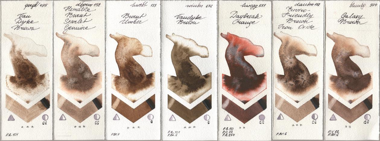 Golden QOR 495 Van Dyke Brown, Daniel Smith 158 Hematite Burnt Scarlet Genuine, Holbein Artists Watercolor 133 Burnt Umber, Winsor & Newton Professional 676 Vandyke Brown, 551 Daybreak Orange, 178 Enviro-Friendly Brown Iron Oxide, Shminke Horadam Aquarell 974 Galaxy Bro watercolor swatch