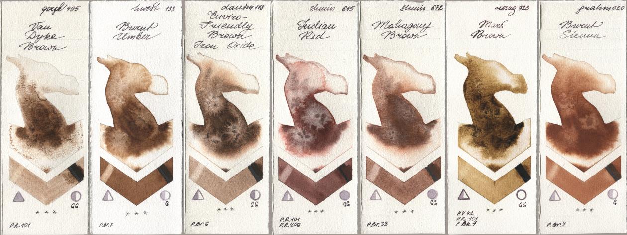 Golden QOR 495 Van Dyke Brown, Holbein Artists Watercolor 133 Burnt Umber, Daniel Smith 178 Enviro-Friendly Brown Iron Oxide, Shminke Horadam Aquarell 645 Indian Red, 672 Mahagony Brown, Rosa Gallery 723 Mars Brown, M. Graham & Co. Artists 020 Burnt Sien watercolor swatch