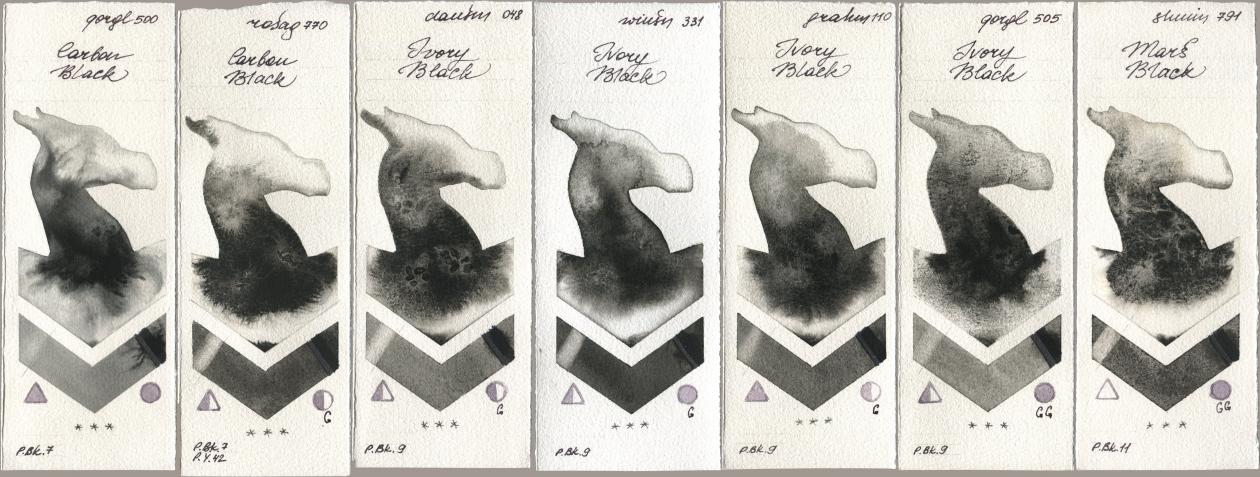 Golden QOR 500 Carbon Black, Rosa Gallery 770 Carbon Black, Daniel Smith 048 Ivory Black, Winsor & Newton Professional 331 Ivory Black, M. Graham & Co. Artists 110 Ivory Black, 505 Ivory Black, Shminke Horadam Aquarell 791 Mars Bla watercolor swatch
