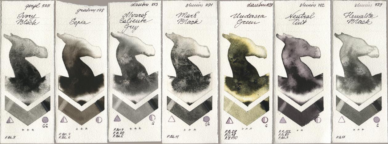 Golden QOR 505 Ivory Black, M. Graham & Co. Artists 178 Sepia, Daniel Smith 243 Alvaros Caliente Grey, Shminke Horadam Aquarell 791 Mars Black, 109 Undersea Green, 782 Neutral Tint, 789 Hematite Bla watercolor swatch